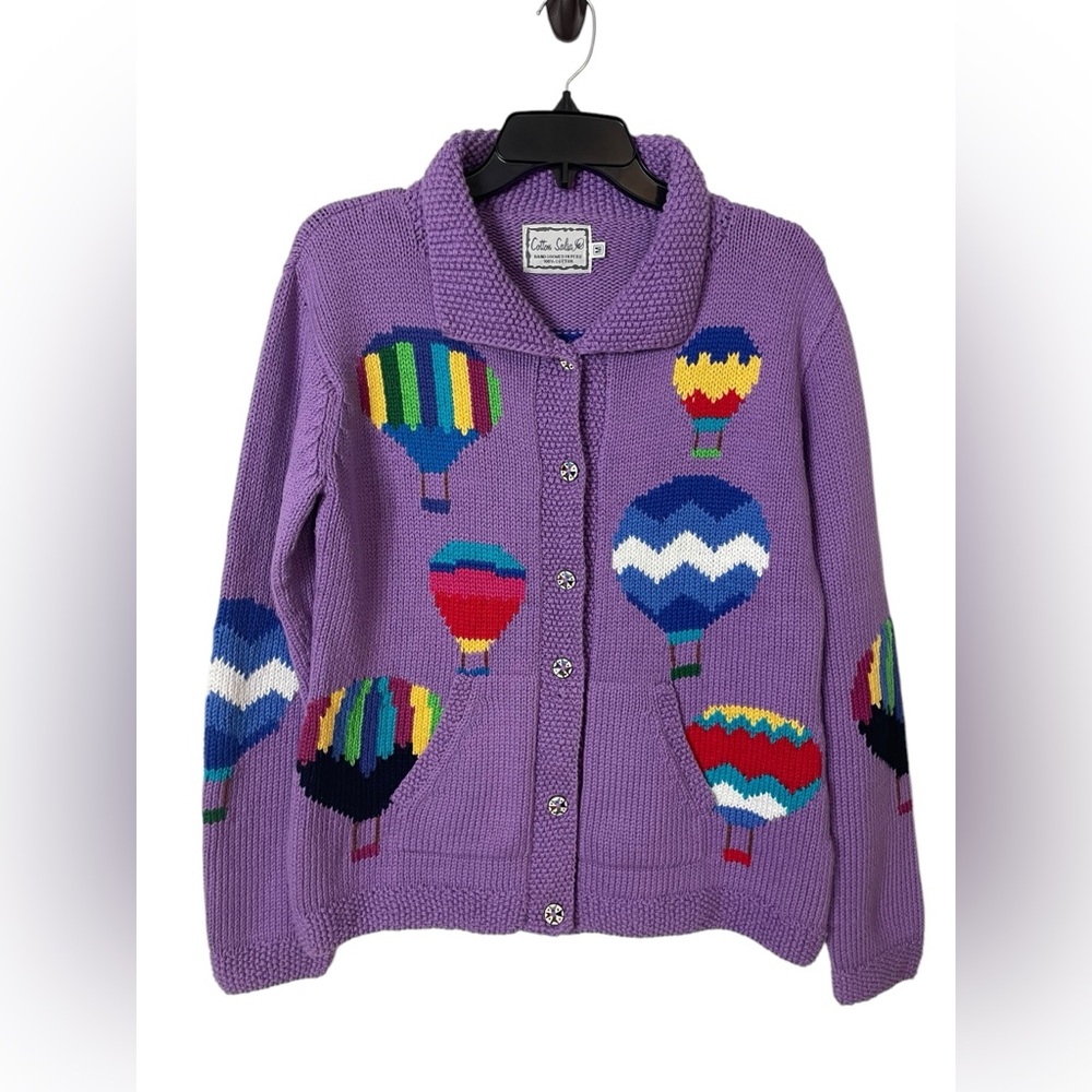 Vintage Cotton Salsa Hot Air Balloon Cardigan Purple Hand Knit Sweater Size M